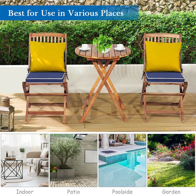 Costway 3PCS Patio Folding Wooden Bistro Set Cushioned Chair Conversation Cushion, 5 of 11