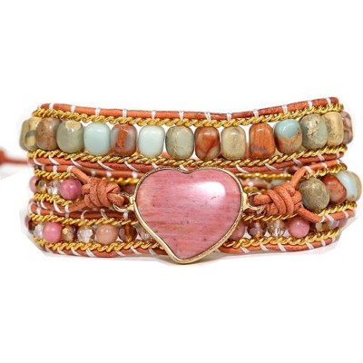 Women's Wrap Bracelet with Natural Jasper Crystal Stone Beads, Bohemian Leather Strand Bracelet