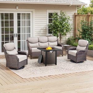Buenhomino 5Pcs Patio Furniture Set with Fire Pit - Wicker Patio Conversation Set with Swivel Glider, Wicker Sofa, Tempered Side Table,6-inch Cushion - 1 of 4