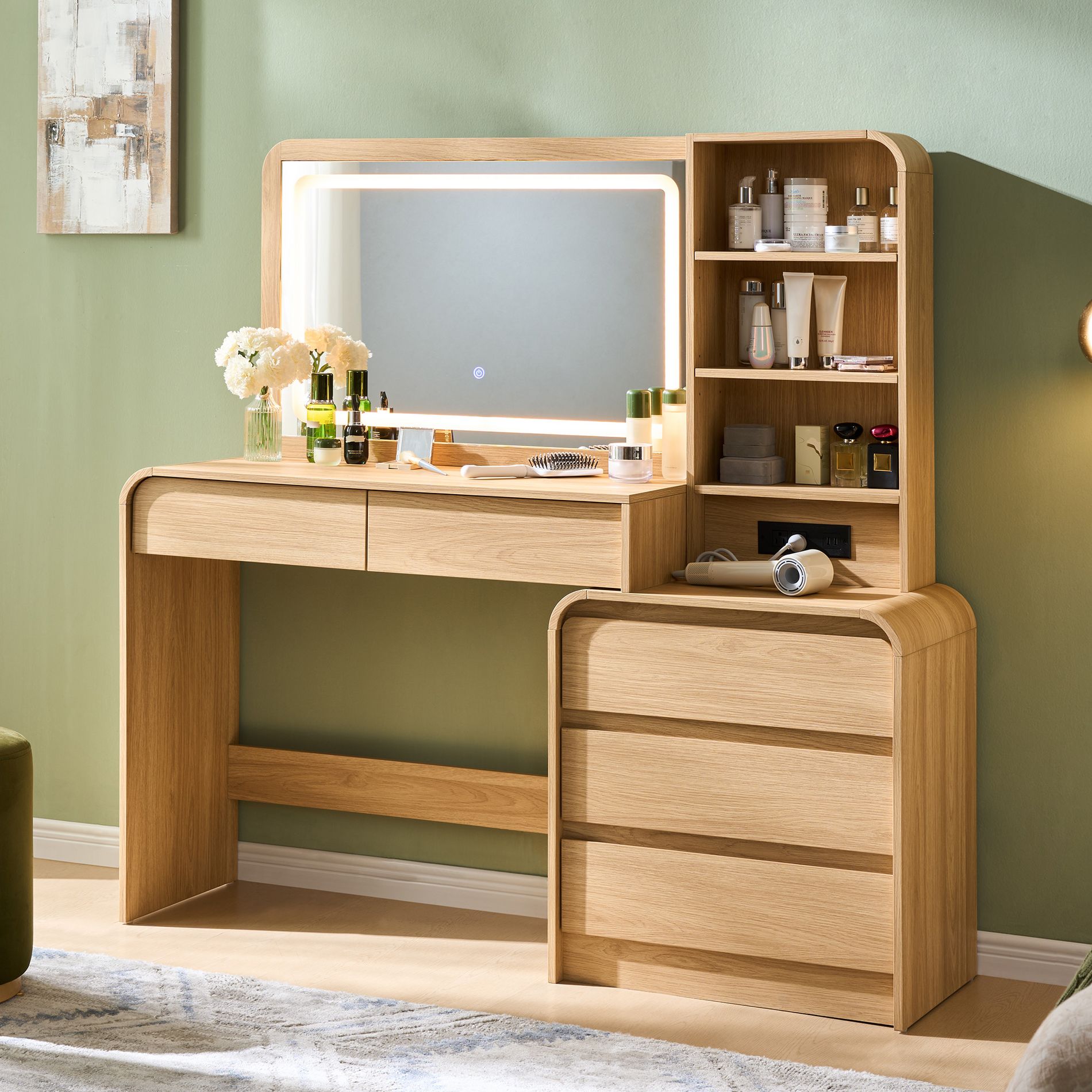 Vanity Desk with 35.4" LED Mirror and Lights, Modern Makeup Vanity Table with Charging Station & Adjustable Shelves, Natural