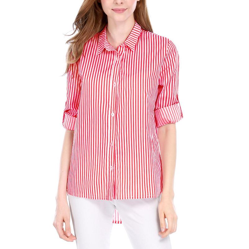 Allegra K Women's Striped Button Down Roll-up Long Sleeves Point Collar Shirt, 3 of 6