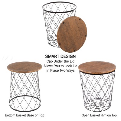 Rustic Brown and Black 24" Round Wood and Metal Nesting End Tables with Storage - Set of 2
