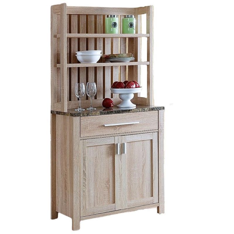 FC Design Two-Toned Kitchen Baker's Rack Utility Storage Cabinet with Drawer and Faux Marble Top in Weathered White Finish, 1 of 4