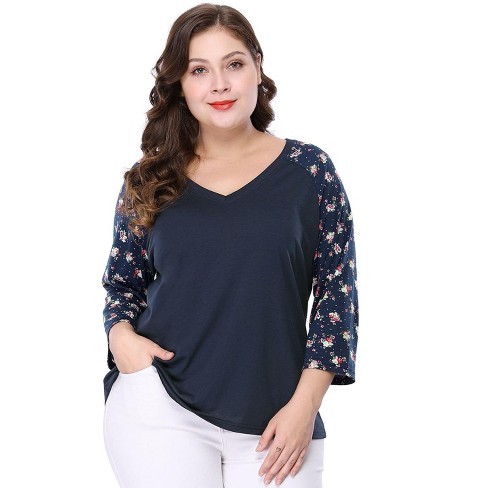 Agnes Orinda Women's Plus Size V Neck 3/4 Sleeve Raglan Floral Print ...
