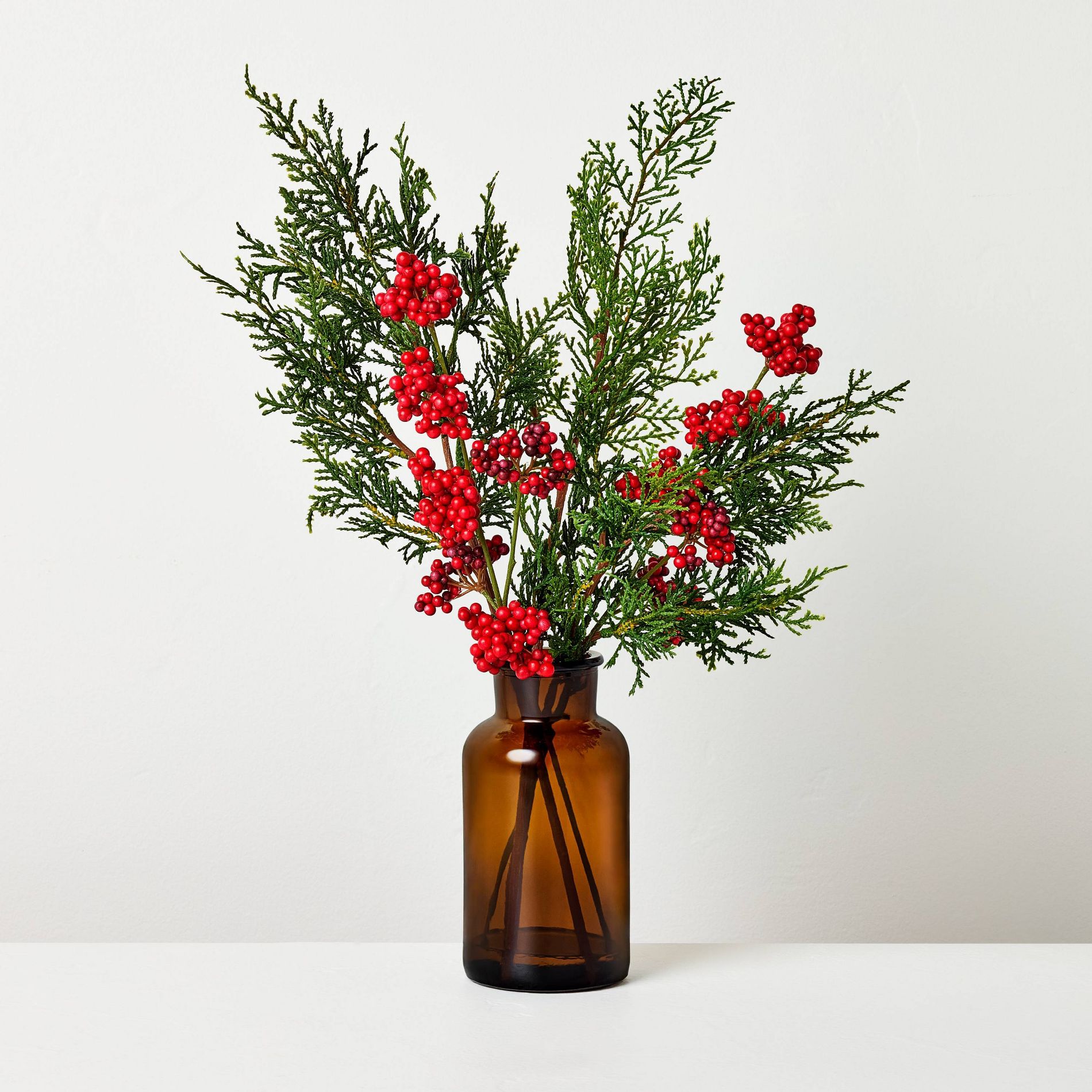 15" Medium Cypress and Red Berry in Amber Vase Artificial Arrangement - Hearth & Hand™ with Magnolia