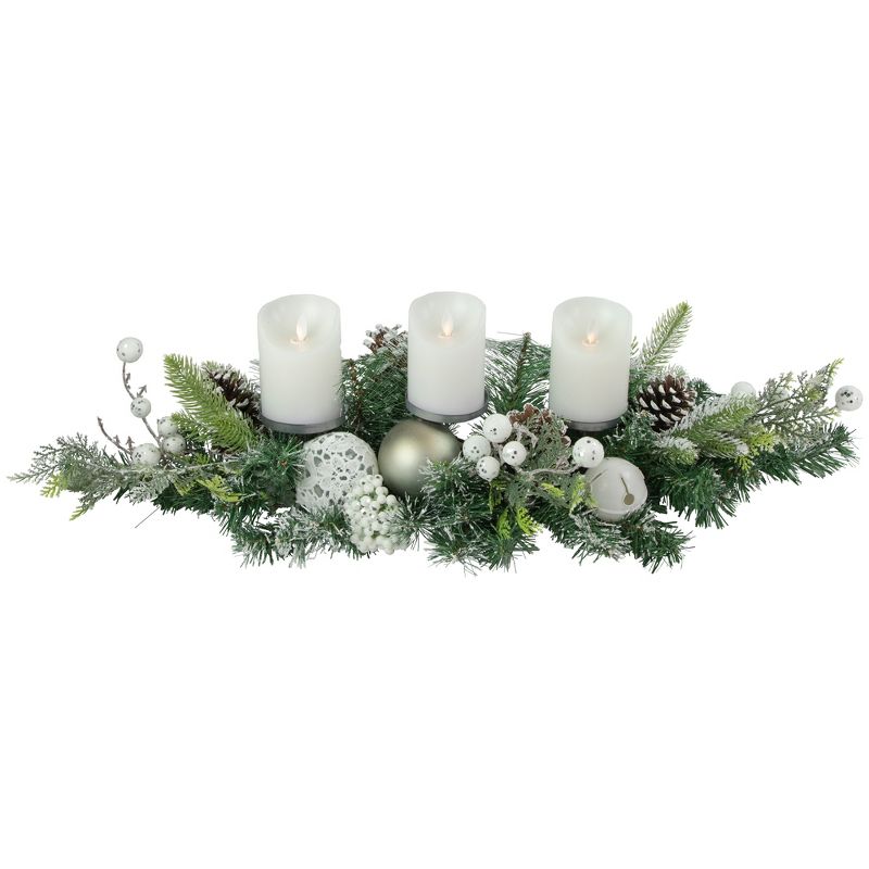Northlight 32" Green Frosted Pine Triple Candle Holder with Christmas Ornaments and Pinecones, 3 of 8