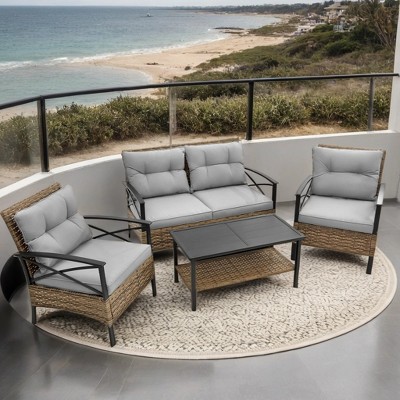 ELJGET 4-Piece Outdoor Patio Furniture Set Rattan Wicker Conversation Sofa Set with Coffee Table Blue Cushion
