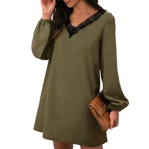 Anna-Kaci Women's Long Sleeve Mini Shift Dress with V-Neckline and Lace Trim Detail - 1 of 4