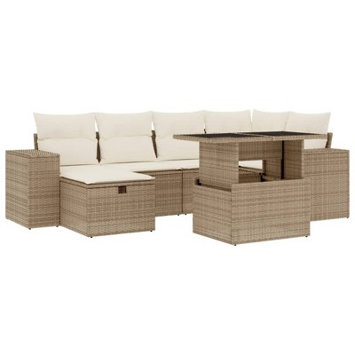 vidaXL 7 Piece Patio Sofa Set with Cushions Beige and Cream Poly Rattan - Without Storage