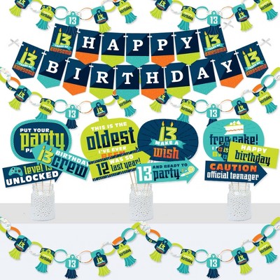 Big Dot of Happiness Boy 13th Birthday - Banner and Photo Booth Decorations - Official Teenager Birthday Party Supplies Kit - Doterrific Bundle