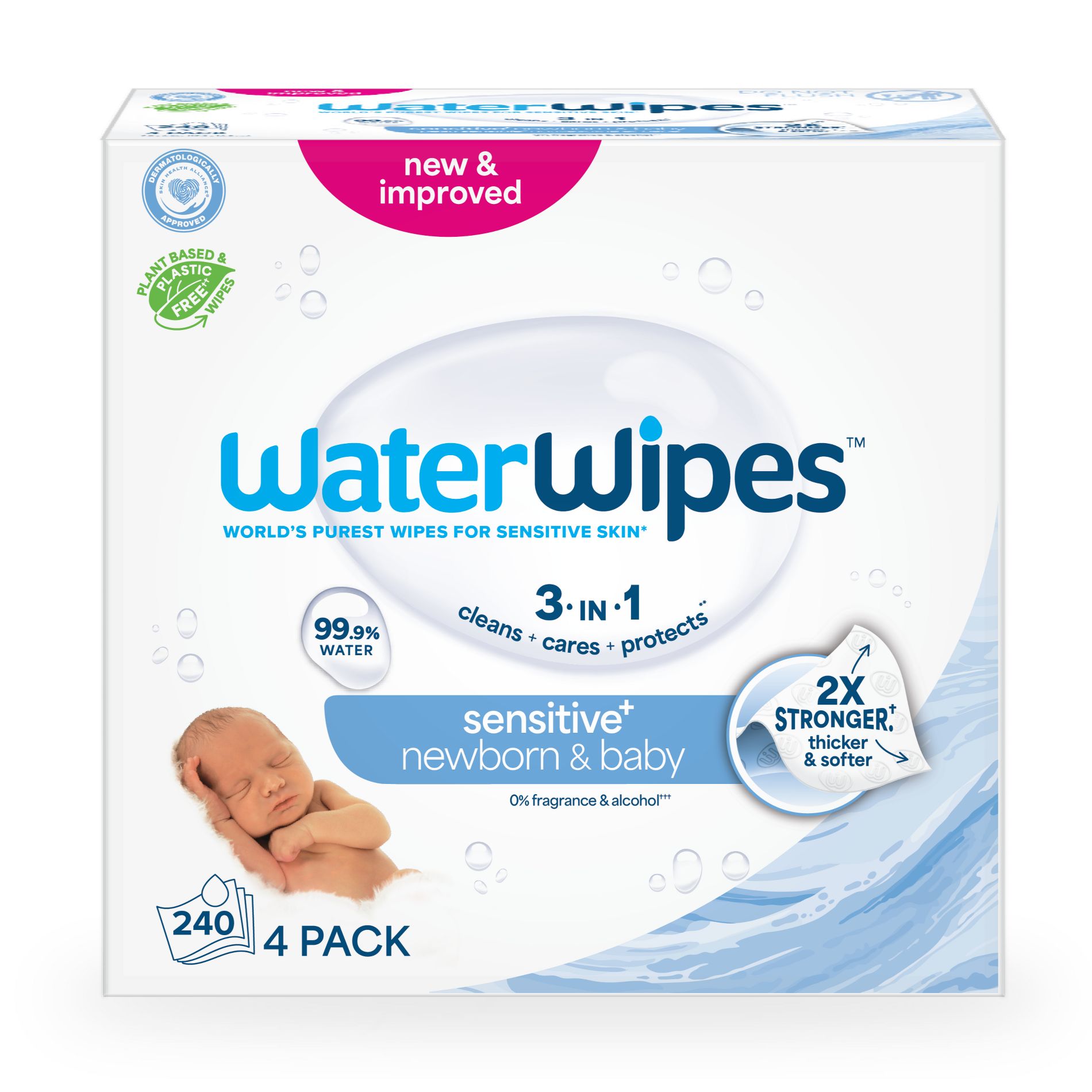WaterWipes Sensitive+ Newborn & Baby Wipes, 3-In-1 Cleans, Cares, Protects, 99.9% Water, Unscented & Hypoallergenic - 240ct