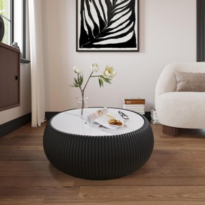 27.5" Modern Round Beige Coffee Table with White Marble Top and Pleated Leather Base, Drum Shape Center Table for Living Room-3irtyhousy - 1 of 4