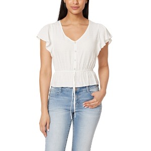 WallFlower Women's Adrianne Flutter Sleeve V-Neck Rayon Challis Swiss Dot Peplum Top - 1 of 3