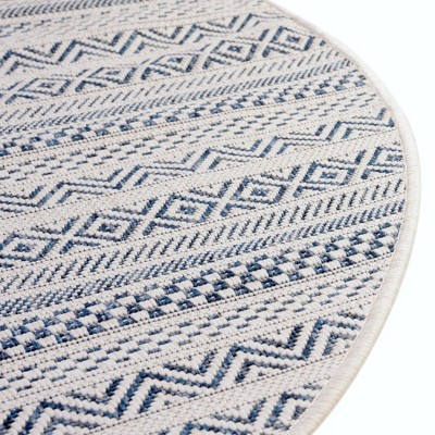 Light Blue Oval Striped Synthetic Outdoor Rug