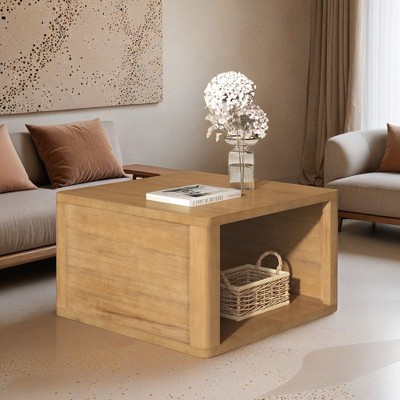Square Coffee Table for in Natural Farmhouse Coffee Table with Storage,2-Tier Center Table with Half Open Storage Compartment - Leovsnove