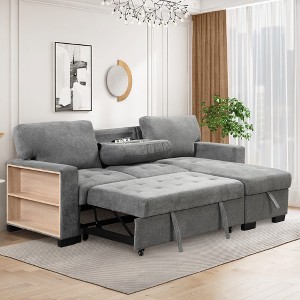 KTMBDW L-Shaped Pull Out Sleep Sofabed Modern Reversible Sleeper Sectional Sofa with Storage Chaise Drop-Down Table and Charging Ports USB & Type-C - 1 of 4