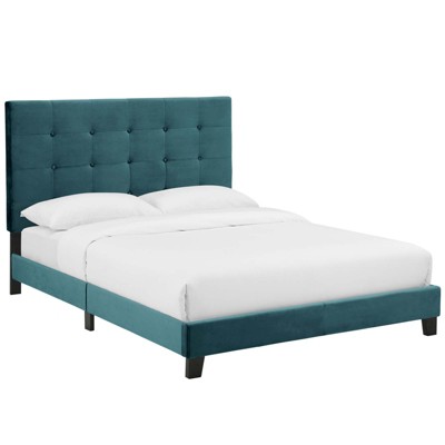Modway Melanie Queen Tufted Button Upholstered Performance Velvet Platform Bed - Sea Blue