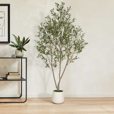 Romswi Faux Olive Tree with Oval White Planter, 7 FT Tall Faux Olive Trees, with Natural Wood Trunk Lifelike Fruits, Fake Greenry Plant for Home Decor