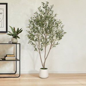 Romswi Faux Olive Tree with Oval White Planter, 7 FT Tall Faux Olive Trees, with Natural Wood Trunk Lifelike Fruits, Fake Greenry Plant for Home Decor - 1 of 4