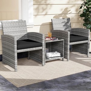 Costway 3 PCS Patio Furniture Set with Tempered Glass Coffee Table & Soft Seat Cushions Gray/Black/White - 1 of 4