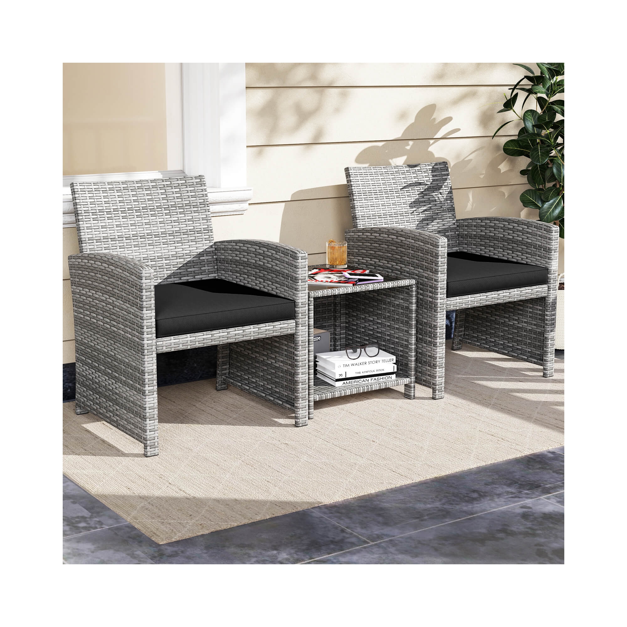 Costway 3 PCS Patio Furniture Set with Tempered Glass Coffee Table & Soft Seat Cushions Black