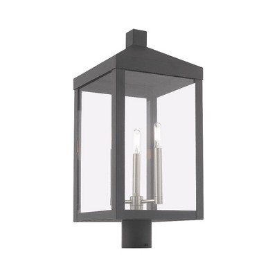 Scandinavian Gray Brass 3-Light Outdoor Post Lantern with Clear Glass