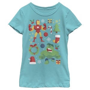 Girl's Marvel Christmas Iron Man & Hulk Cheer T-Shirt - 1 of 3