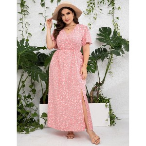Women's Plus Size V-Neck Swing Dress – Elegant Crossover Hem & Side Slit Detail for Casual & Dressy Occasions - 1 of 4