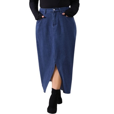 Agnes Orinda Women's Plus Size Casual High Waisted Front Slit Stretch Maxi Denim Skirts