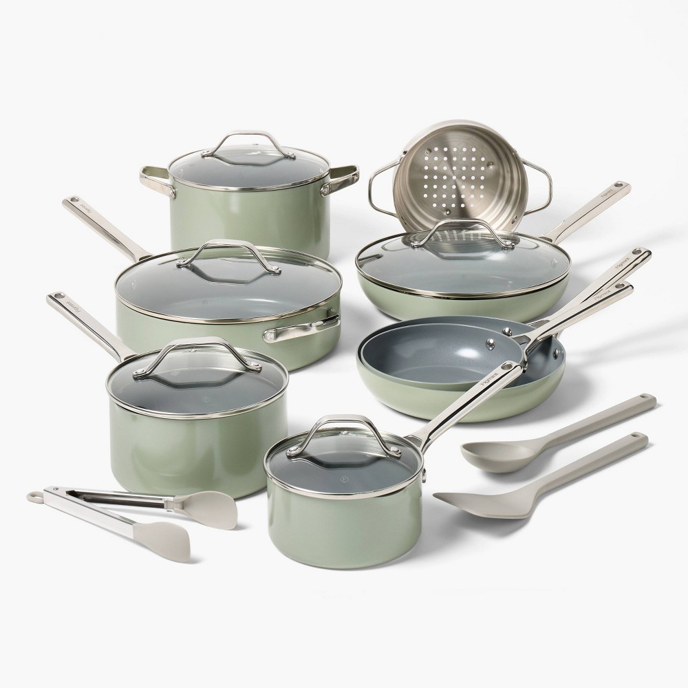 Photos - Bakeware 16pc Nonstick Ceramic Coated Aluminum Cookware Set Sage Green - Figmint™