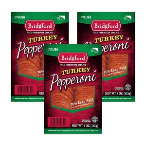 Bridgford Sliced Turkey Pepperoni 4 oz - Pepperoni Slices for Pizza and Sandwiches - Naturally Smoked Healthy Snacks for Low-Carb Keto Diets - 1 of 4