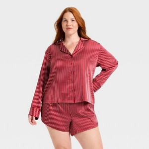 Women's Luxury Collection Satin Notch Collar Long Sleeve Shirt and Shorts Pajama Set - Auden™ - 1 of 3