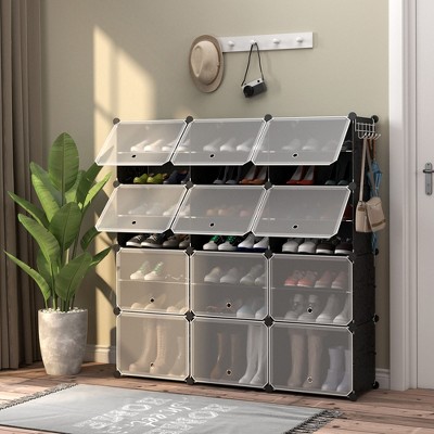 Black Metal and Plastic 12-Cube Shoe Rack Organizer