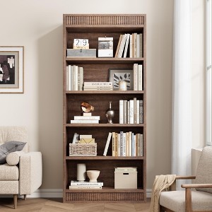 Bookcase w/Display Rack & Fluted Design, 5 Tier Farmhouse Bookshelf with Wood Base, Wood Bookshelf Rustic Vintage Book Shelf for Office Library - 1 of 4