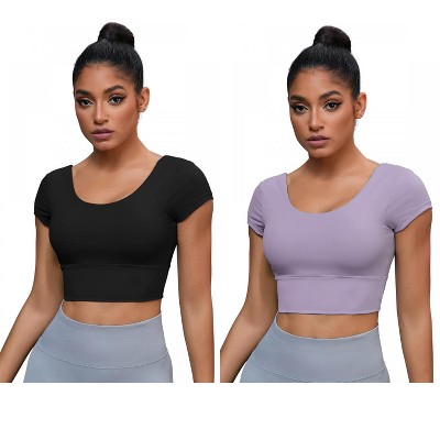 INSPIRE CHIC 2 Pcs Women's U Neck Short Sleeve Deep V Back Workout Tank Tops with Built-in Bras