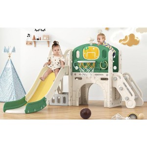 Kids Slide with Climber, Freestanding Arch Tunnel With Basketball Hoop, Slide Ring,Tunnel, Telescope and Storage Space For 2-5 Toddlers - 1 of 4