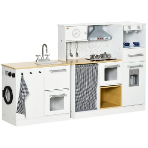 Qaba Play Kitchen, Corner Kids Kitchen Playset w/ Chalkboard, Range Hood, Ice Maker, Stove, Refrigerator Microwave, Sound & Lights - 1 of 4