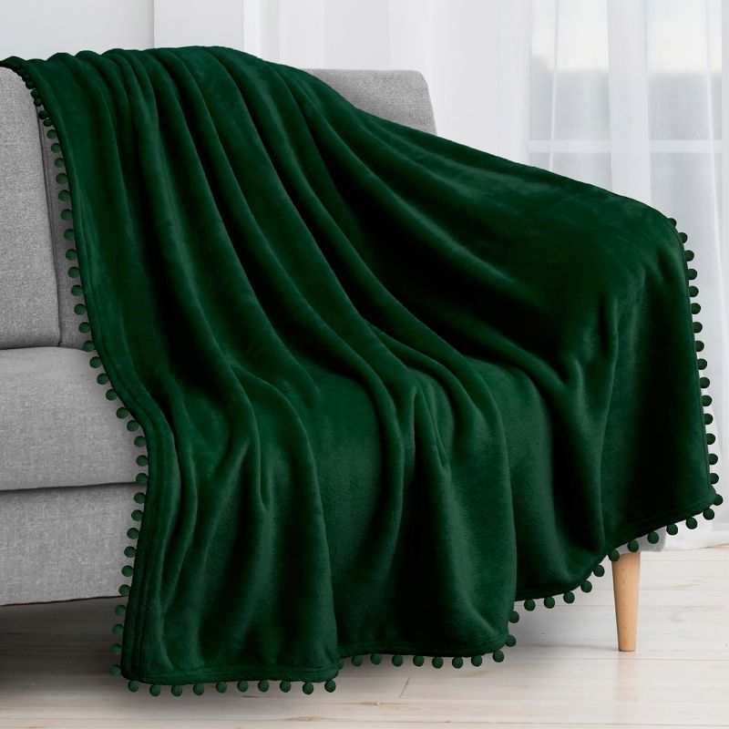 PAVILIA Fleece Pom Pom Blanket Throw for Sofa Bed, Soft Lightweight Pompom Fringe Blanket for Couch, 1 of 10