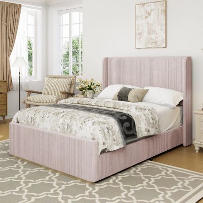 CAVINAS Queen Size Platform Beds, Corduroy Upholstered Bed Frame with Vertical Stripe Wingback Headboard and High Footboard