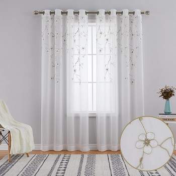Floral Embroidery Sheer Curtains Flower Voile Semi Sheers Drape Panels Grommet Curtains for Living Room Bedroom