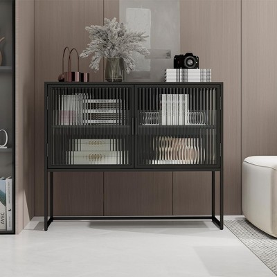 Modern Storage Cabinet with Glass Doors， Metal Frame 2-Tier Freestanding Sideboard Buffet Cabinet for Living Room Kitchen Black