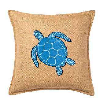 Kensington Garden 20"x20" Oversize Turtle Applique Burlap Pillow Front Panel Interior Cotton Lined Blue