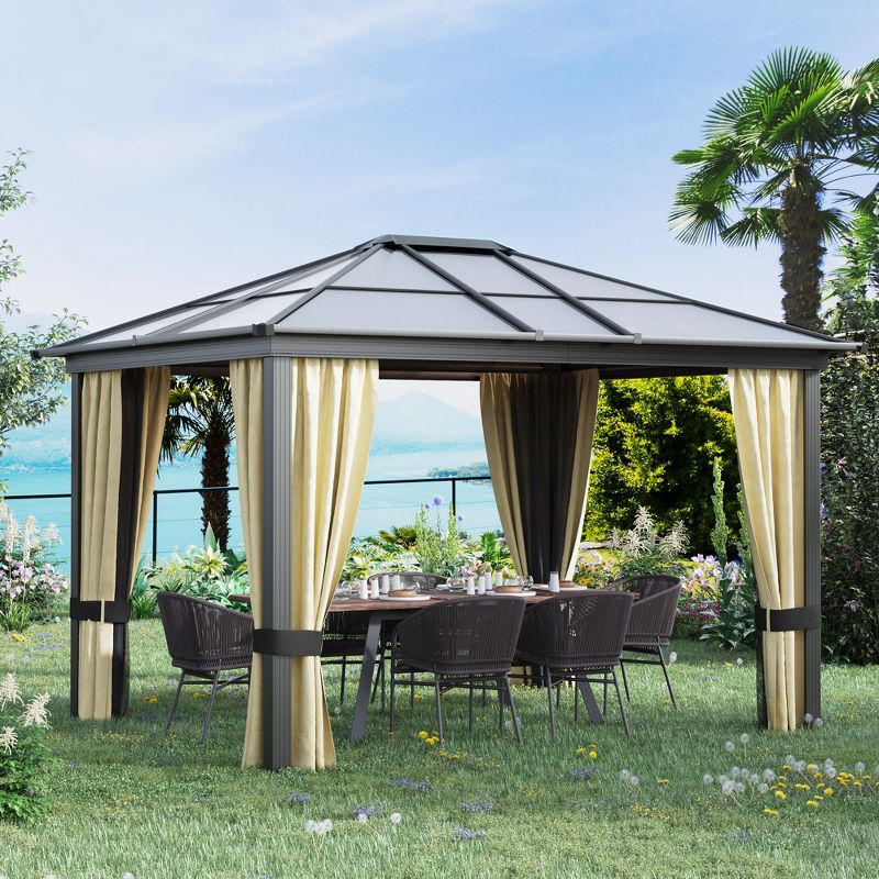 Outsunny 10x12 Polycarbonate Hardtop Gazebo, Gazebo Canopy with Aluminum Frame, Curtains and Netting for Garden, Patio, Backyard, Beige, 2 of 9