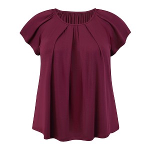 Women's Plus Size Summer Pleated Curved Hem Ruffle Sleeve Round Neck Dressy Loose Blouses - GRACE & GRANDEUR - 1 of 4