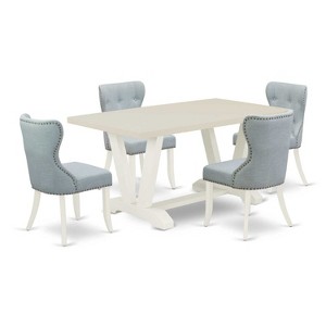 HomeStock 5-Piece Rectangle Natural Oak Finish Solid Speckled Top Dining Table with 4 Baby Blue Parson Chair - 1 of 4