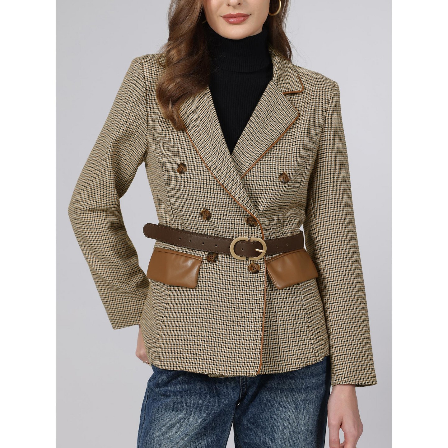 Женский пиджак INSPIRE CHIC Long Sleeve Notched Lapel Plaid Casual Double Breasted Houndstooth Casual Business Blazer Medium Light Brown, цвет: Светлый коричневый — фото 4