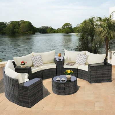 Mshliw 11-Piece Half-Moon Sectional Patio Furniture Set with Cushions & Glass Coffee Table – Modular Outdoor Sofa Set for Garden, Poolside, Backyard