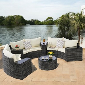 Mshliw 11-Piece Half-Moon Sectional Patio Furniture Set with Cushions & Glass Coffee Table – Modular Outdoor Sofa Set for Garden, Poolside, Backyard - 1 of 4