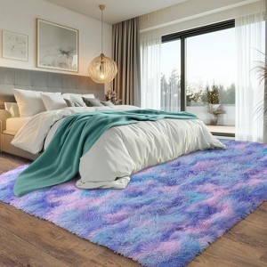 Tie-Dyed Yellow Area Rug with 4 Reusable Stickers, Soft Shaggy Non-Slip Mat for Home Decor - 1 of 4