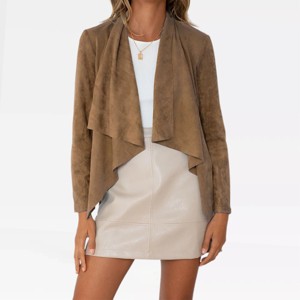 Women's Faux Suede Jackets 2025 Fashion Fall Clothes Long Sleeve Open Front Faux Suede Blazer Cropped Coat Outwear - 1 of 4